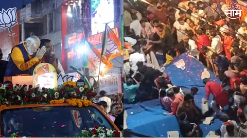 PM मोदींच्या रोड शोदरम्यान स्टेज कोसळला, एकमेकांवर पडले कार्यकर्ते; VIDEO