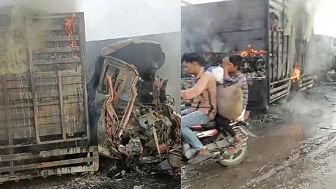 clothes loaded truck catches fire near pandharpur