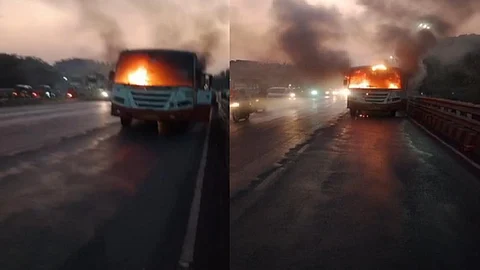 Sion Panvel highway flyover in Massive fire ST bus