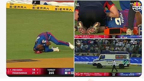 Lungi Ngidi being taken off the field after a serious head injury during IPL 2026 match.