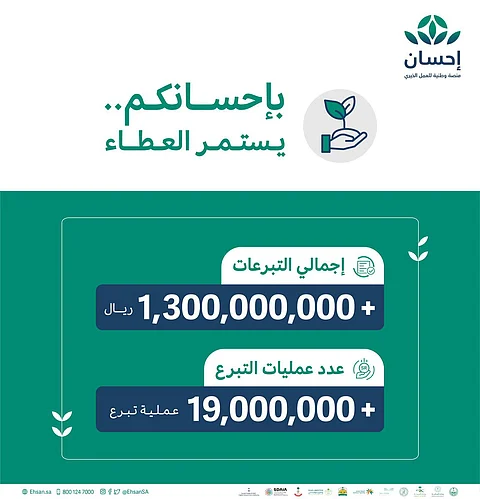 إحسان: إجمالي التبرعات تخطى المليار و300 مليون ريال