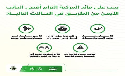 "المرور" يحدد الحالات التي تُلزم قائد المركبة بأقصى الجانب الأيمن من الطريق