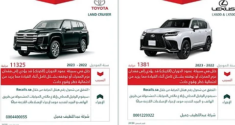 خلل قد ينتهي بحادث.. "التجارة" تستدعي 12,706 مركبات "لاند كروزر" و"لكزس"