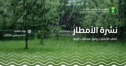 "البيئة": مكة والباحة تسجلان أعلى كمية هطول أمطار بـ 22.4 ملم