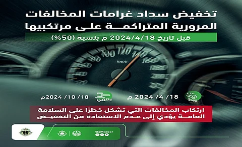 "المرور": المخالفات التي تشكل خطرًا على السلامة العامة تمنع الاستفادة من تخفيض الـ50%