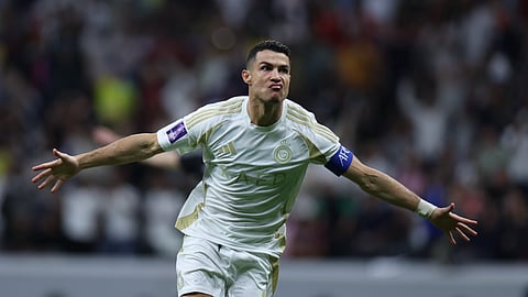 فرحة كريستيانو رونالدو لاعب النصر بتسجيل هدف في مرمى الغرافة القطري