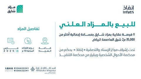 للبيع بالمزاد العلني.. 11 فرصة عقارية بمزاد شارِق بمساحة إجمالية أكثر من 35,000 م2 شرق العاصمة الرياض