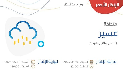 "الوطني للأرصاد" يصدر تنبيهاً باللون الأحمر لمنطقة عسير: أمطار غزيرة تتواصل حتى 8 مساءً