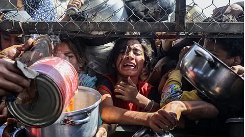 طفلة فلسطينية تبكي خلال زحام شديد للحصول على وجبة غذائية من مطبخ عام في غزة
