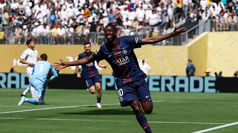 فرحة عثمان ديمبيلي لاعب باريس سان جيرمان بهدفه في مرمى ريال مدريد