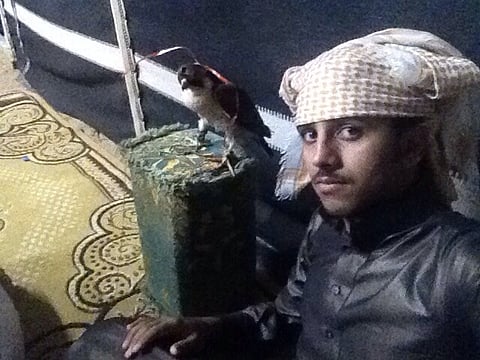 شاب يعيد صقر "حر" اصطاده بصحراء الفويلق لصاحبه بعد فقدانه