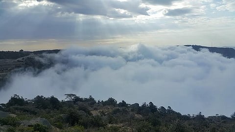 بالصور.. لوحة خلابة للسحاب وهو يلامس جبال النماص