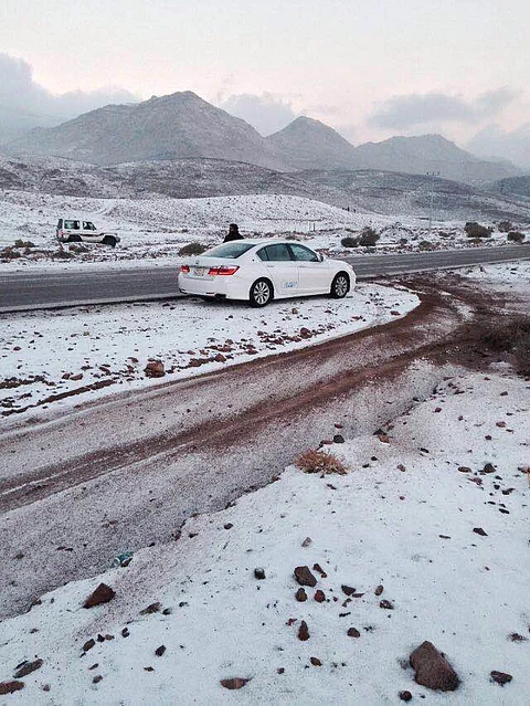 شاهد.. "أبو الحنشان" و"رأس تنينير" يسحبان "البساط الثلجي" من اللوز وعلقان تبوك