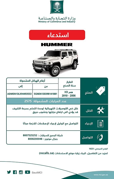 "التجارة" تستدعي 2575 سيارة "همرH3 " لخلل قد يؤدي إلى حريق