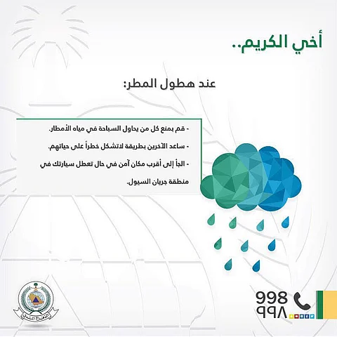 "الدفاع المدني" يحذر من عواصف وأمطار بمعظم مناطق المملكة
