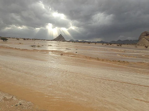 شاهد.. أمطار غزيرة تُحول أجزاء الهضب لسيول شمال الدواسر