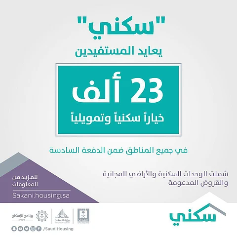 تعرف على تفاصيل دفعة "سكني" السادسة: 23 ألف خيار سكني وتمويلي في جميع المناطق