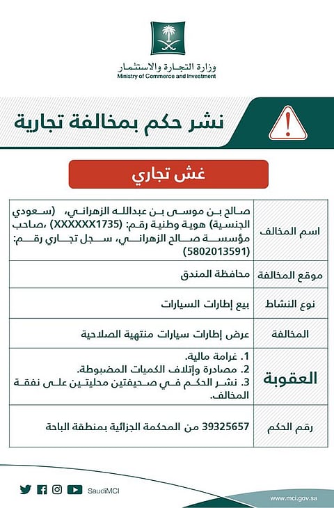 إعلان تشهير رسمي.. "التجارة" تشهِّر بمنشأة تبيع الإطارات منتهية الصلاحية بمحافظة المندق