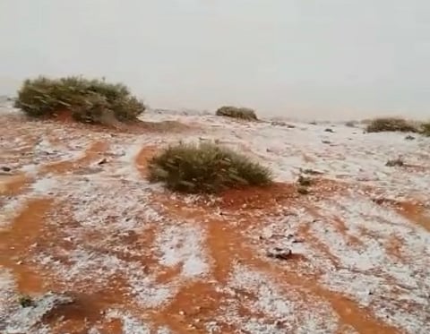 لأول مرة في فصل الربيع.. جبال تبوك تتزين بالثلوج