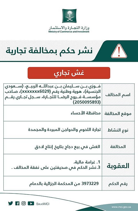 "التجارة" تشهر بصاحب منشأة في الأحساء تغش في بيع الدجاج بتواريخ إنتاج لاحقة