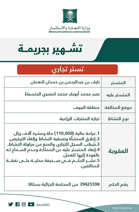 "التجارة" تشهر بمواطن مكن وافداً من الاستثمار في المنتجات الزراعية بمنطقة الجوف