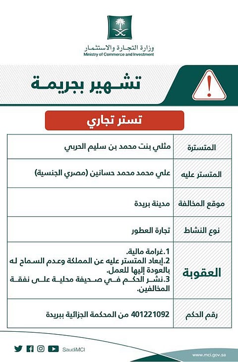 "التجارة" تشهر بمواطنة تسترت على وافد يزاول نشاط تجارة العطور في بريدة