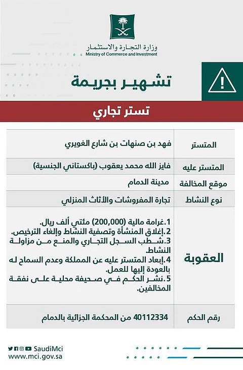 إعلان تشهير رسمي.. "التجارة" تشهر بمتسترين في قطاع المفروشات بالدمام