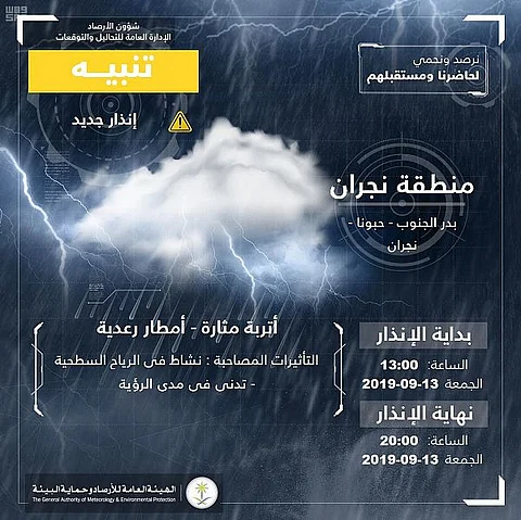 "الأرصاد" تنبّه لأمطار رعدية وأتربة مُثارة على نجران