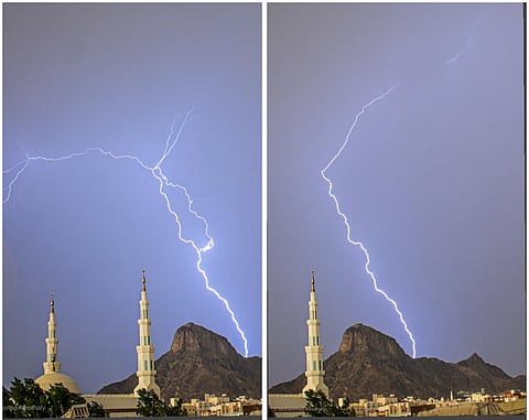 لقطة إبداعية تثير الإعجاب .. هكذا أضاءت البروق جبل النور مساءً