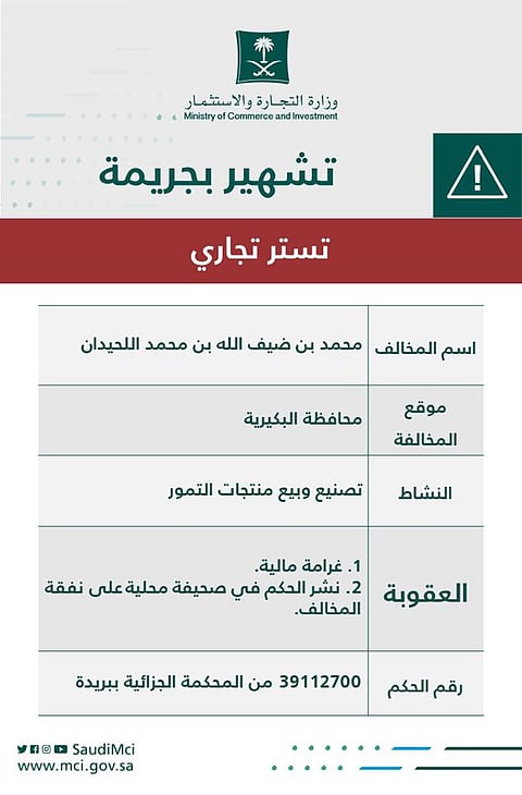"التجارة" تشهر بمواطن مُدان بتمكين وافد من الاستثمار في تصنيع التمور
