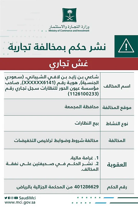 "التجارة" تشهِّر بصاحب منشأة خالفت شروط وضوابط التخفيضات التجارية