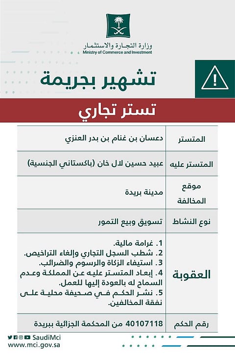 "التجارة" تشهر بمواطن ومقيم مُدانين بالتستر في تجارة التمور ببريدة