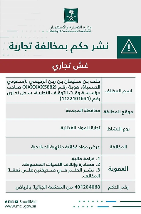 "التجارة" تشهِّر بصاحب منشأة لعرضها مواد غذائية منتهية الصلاحية بالمجمعة
