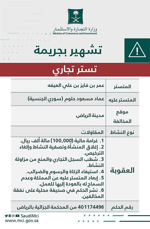 "التجارة" تشهر بمواطن مكن وافداً من العمل لحسابه الخاص في المقاولات