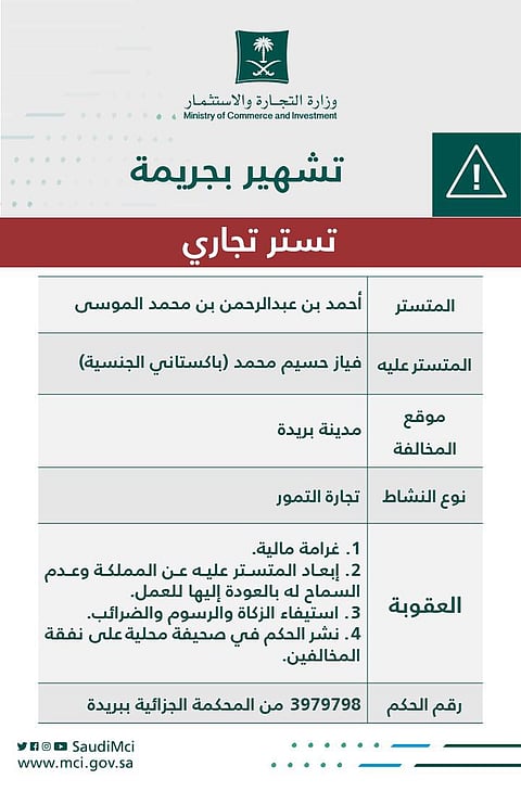 "التجارة" تشهر بمواطن تستر على وافد ومكنه من المتاجرة في التمور