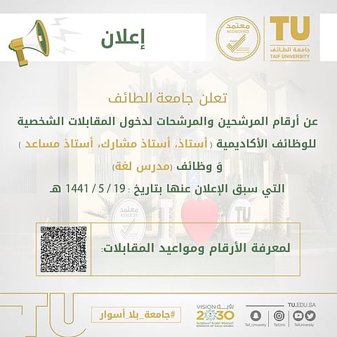 جامعة الطائف تعلن أرقام المرشحين لوظائفها الأكاديمية ومدرسي اللغة