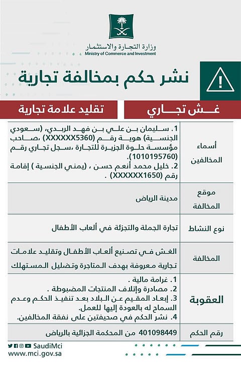 "التجارة" تشهِّر بمنشأة تُصنِّع ألعاب أطفال مقلدة ومغشوشة
