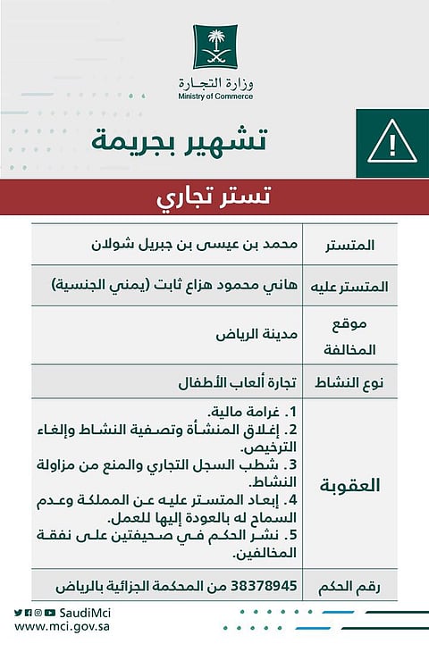 "التجارة" تشهر بمواطن تستر على وافد يمني يتاجر في ألعاب الأطفال