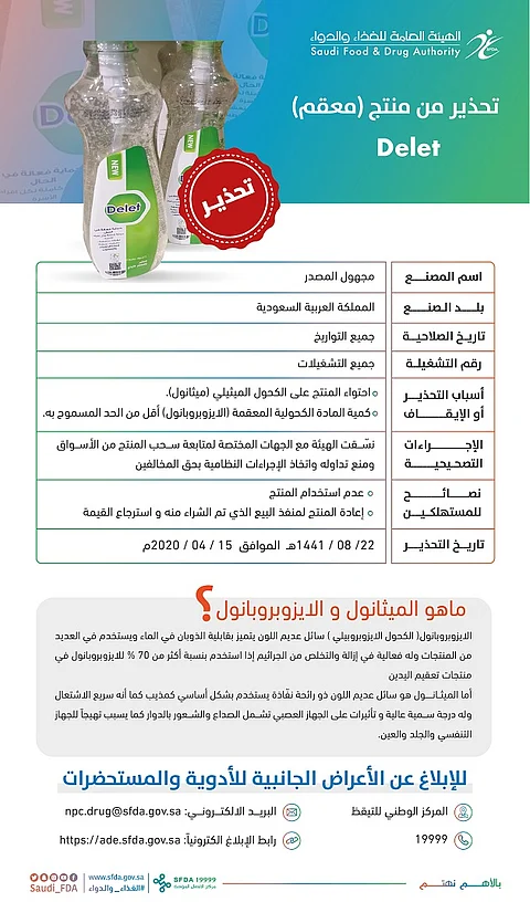 أرجِعوها للبائع.. "الغذاء والدواء" تحذر من 3 منتجات معقمة لليدين