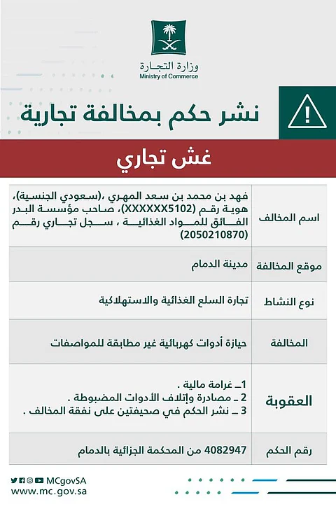 "التجارة" تشهر بصاحب منشأة تبيع أدوات كهربائية مغشوشة