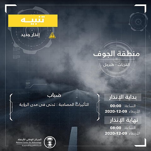 "الأرصاد" تنبِّه الجوف والشمالية: ضباب وتدنٍّ في مدى الرؤية الأفقية