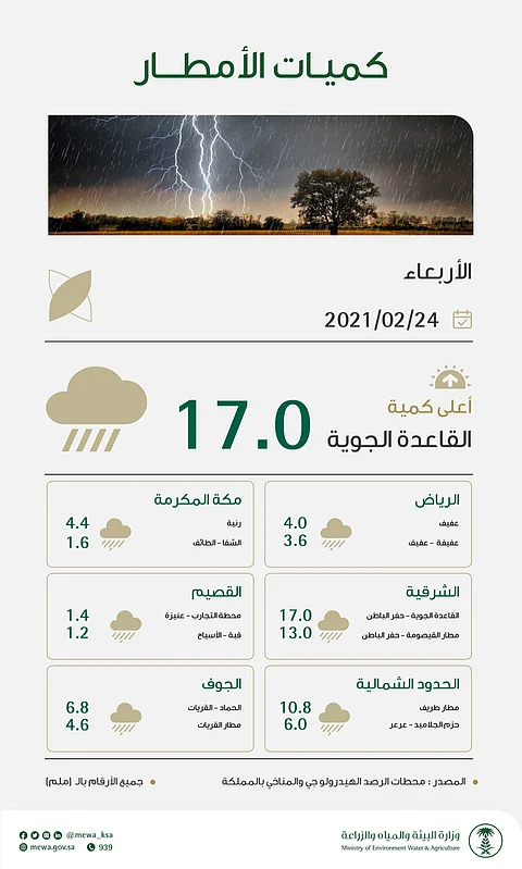 "البيئة": حفر الباطن تسجل أعلى كمية هطول مطري اليوم