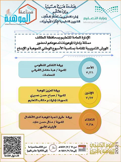 انطلاق فعاليات الأسبوع الوطني للموهبة والإبداع واليوم الخليجي بالطائف