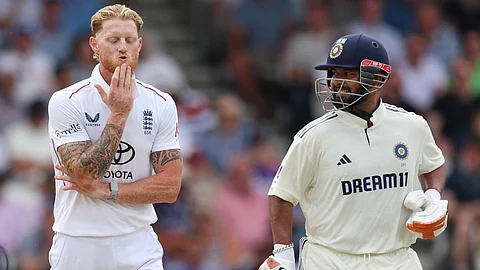 Rishabh Pant watches as England captain Ben Stokes reacts