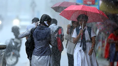 school children walking during rain