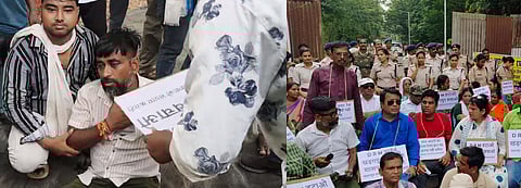 खड़गपुर के डीआरएम के बंगले के सामने घेराव करते लोग व कथित रुप से आरपीएफ की लाठी चार्ज से घायल एक टीएमसी नेता