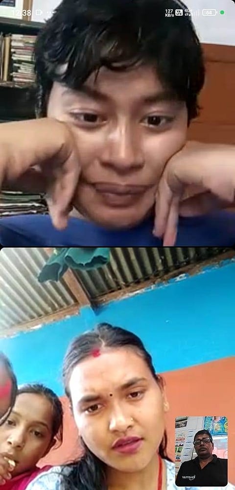 अपने परिवार से अलग हुई नेपाली लड़की को उद्वार करने के बाद अपनी बहन से कर रही बात