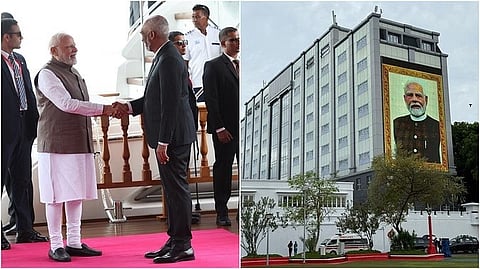 प्रधानमंत्री नरेंद्र मोदी का स्वागत करते हुए मोहम्मद मुइज्जू