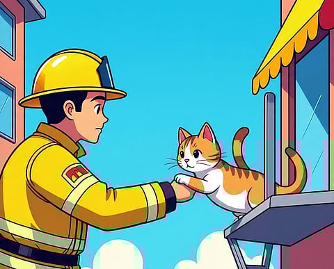 A wild cat was trapped on a five-story roof; firefighters, with the help of a mechanic, rescued it. The humanitarian effort was appreciated.