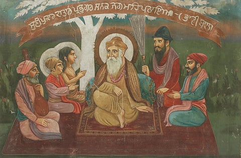गुरु नानक अपने शिष्यों के साथ (पुरानी पेंटिंग)